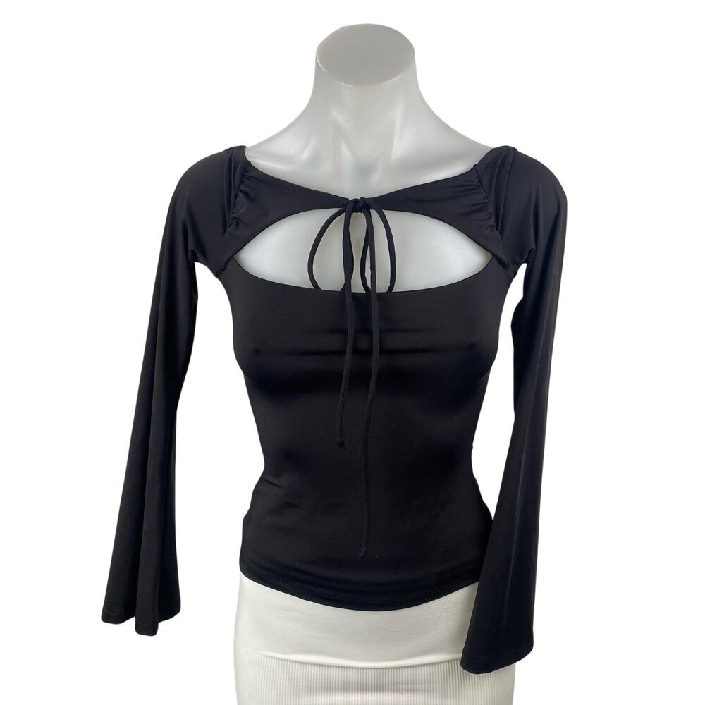 Princess Polly Women's Black Long Bell Sleeve Cutout Tie Knot Blouse Top Size 2